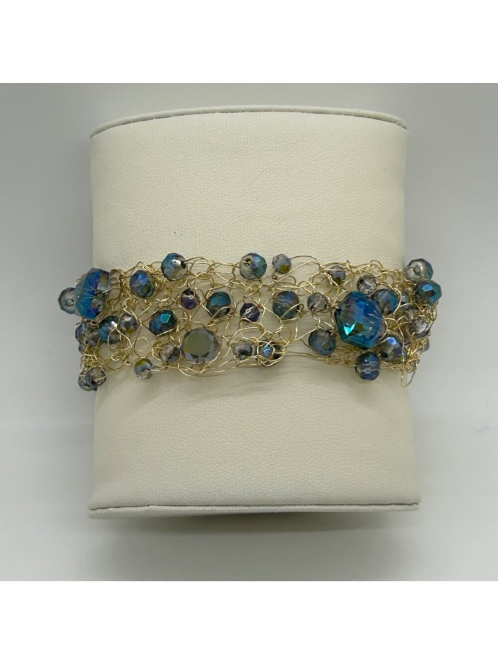 Handmade Gold-Tone Wire Crochet Bracelet Blue Crystal Beads Woven Mesh Statement - Picture 3 of 10
